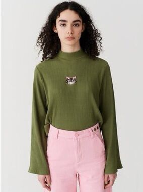 Lazy Oaf Olive Ribbed Mock Neck Long Sleeve Top with Cat Patch